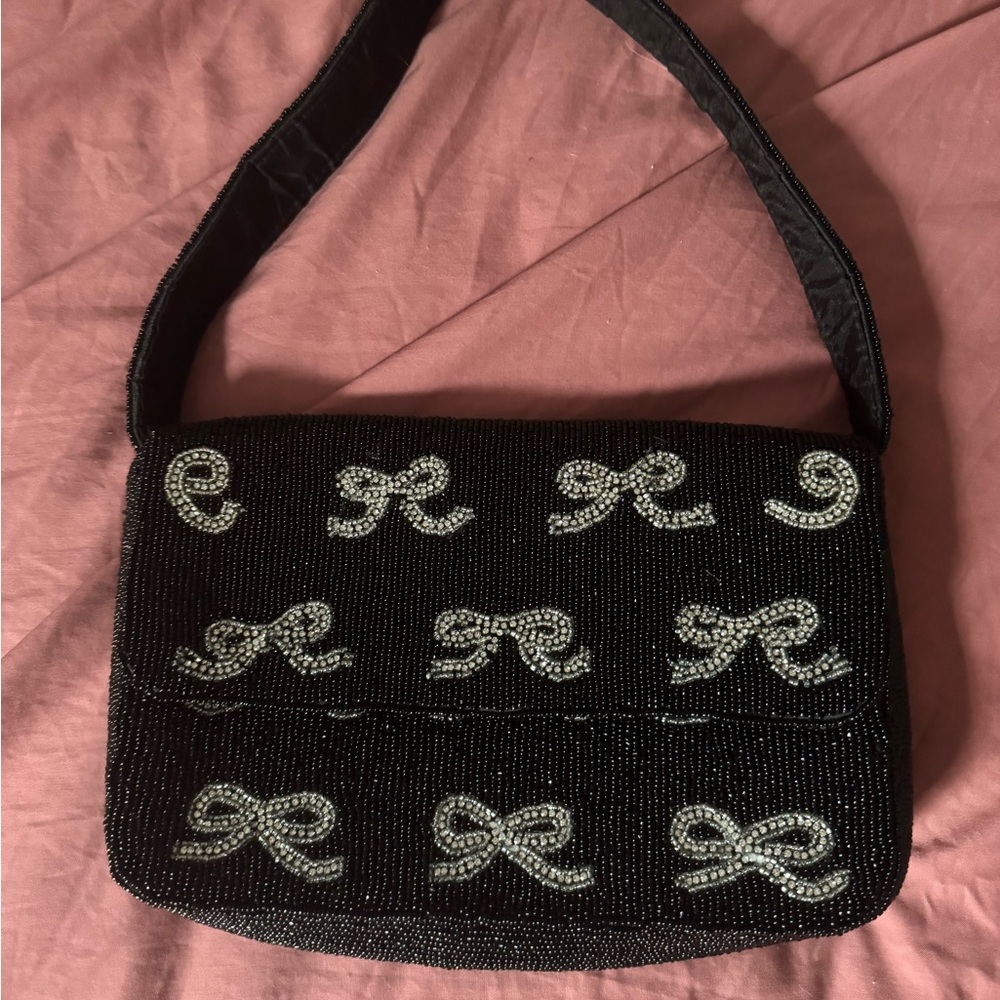 Elegant Black Beaded Bow Handbag